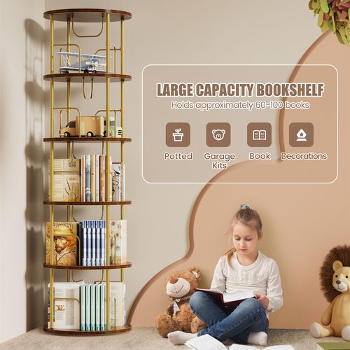 Flycity 5 Tier Rotating Bookshelf, 360° Corner Bookshelf Tower, Round Revolving Bookcase with Special Visible Partition Storage, Narrow Book Shelf Organizer for Living Room, Small Space, Gold