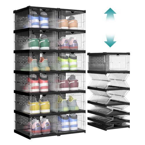 SONGMICS Foldable Shoe Boxes, Pack of 12 Stackable Shoe Storage Organizer, Set of 2 Integraed Shoe Cabinets, Portable, Fit up to US Size 13, 60s Assembly, Transparent and Ink Black ULSP206B01