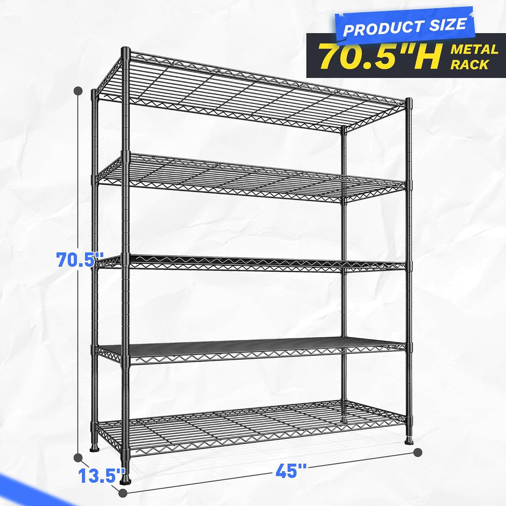 Skiennix 5-Tier Wire Shelving Unit - Adjustable Metal Storage Rack for Kitchen, Pantry, Garage | 45" W x 13.5" D x 70.5" H - Black