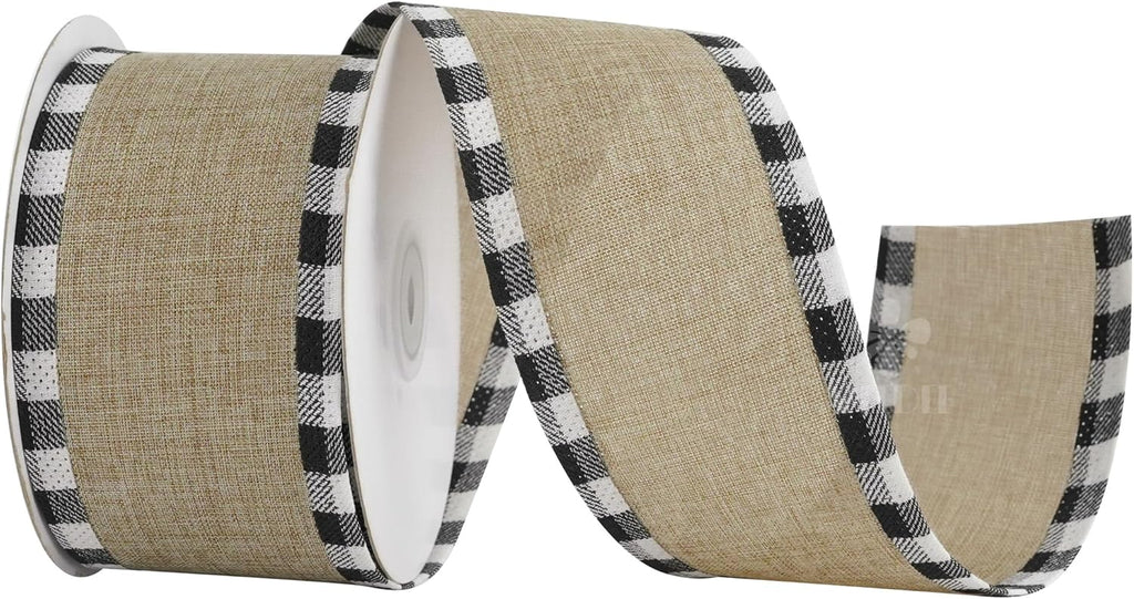 MEEDEE Burlap Christmas Ribbon - Wired 2.5 Inch Plaid with Black & White Edging | 10 Yards for Trees & Wreaths