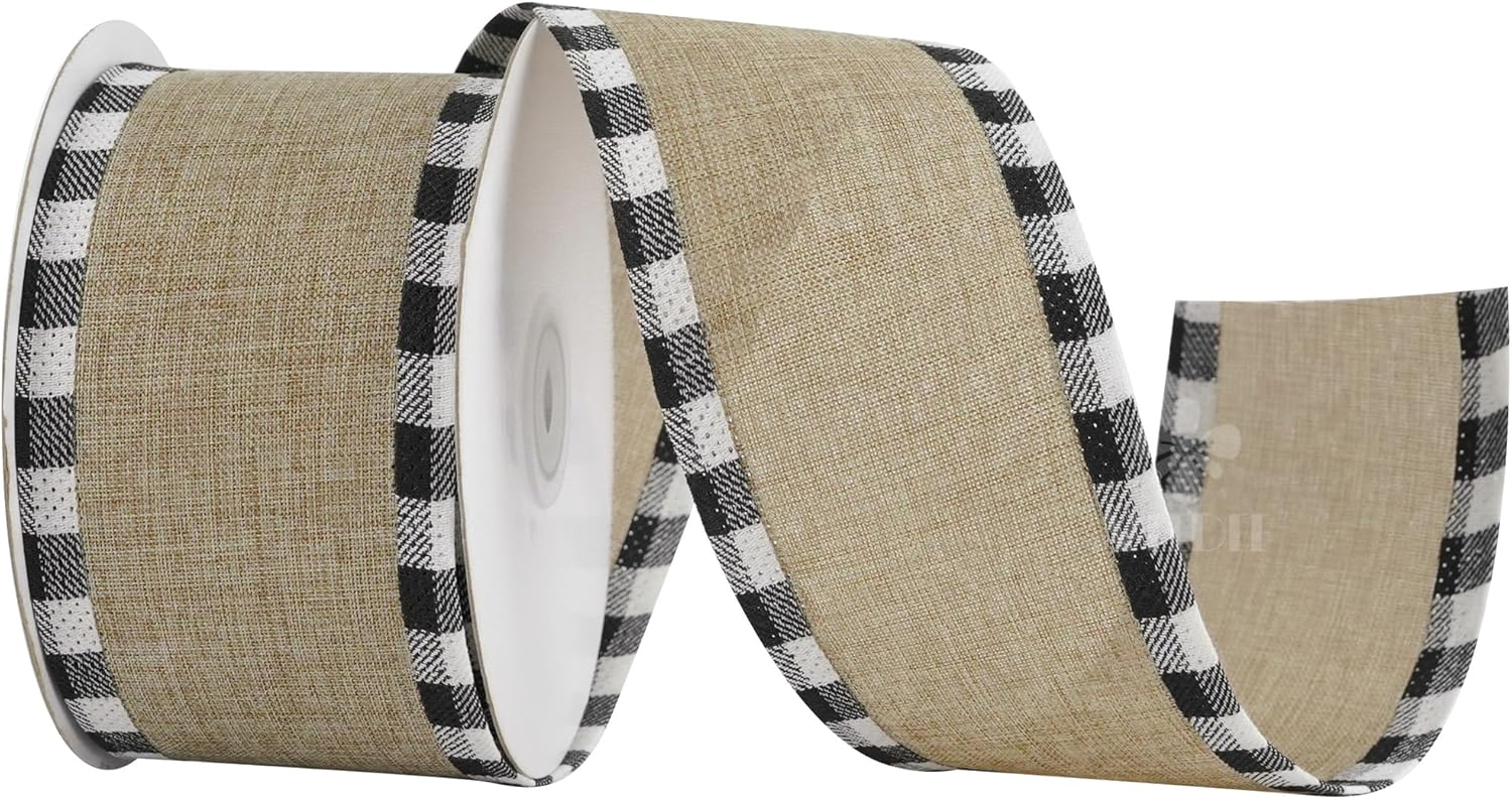 MEEDEE Burlap Christmas Ribbon - Wired 2.5 Inch Plaid with Black & White Edging | 10 Yards for Trees & Wreaths