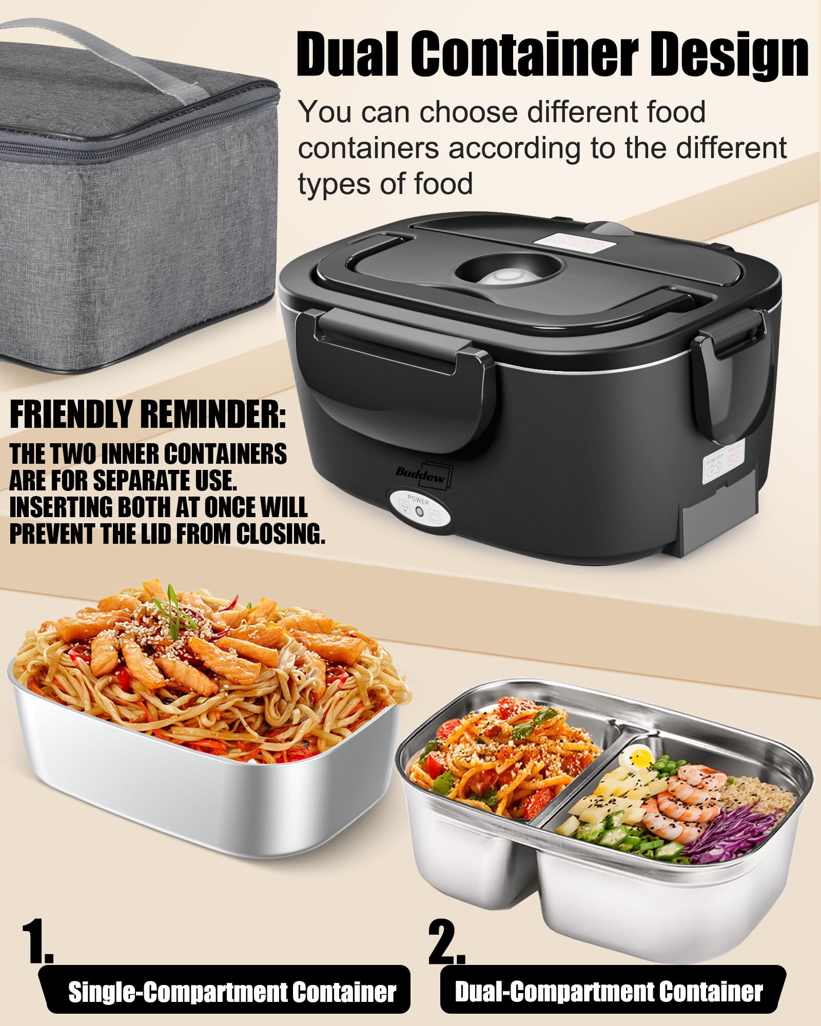 Buddew Electric Heated Lunch Box, 80W Fast Heating with Dual 1.5L Food-Grade 304 Stainless Steel, 12V/24V/110V Portable Food Warmer for Car Truck Office Adults, Lonchera Electrica Portatil (Black)