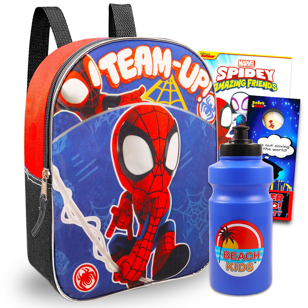 Spidey and His Amazing Friends Mini Backpack - Bundle with 11" Spiderman Backpack for Toddlers, Water Bottle, More | Spidey and Friends School Bag for Boys