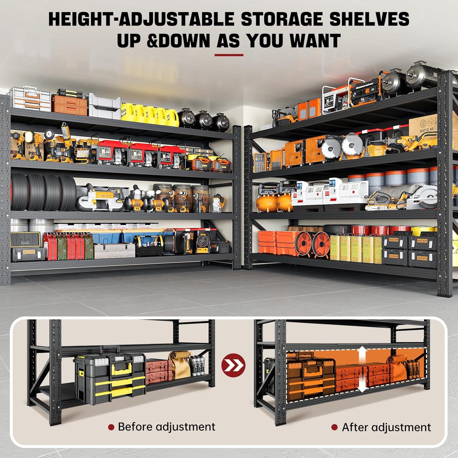RAVIGIN Heavy Duty Metal Garage Shelving - Adjustable 5000LBS Storage Unit | 71" W x 24" D x 70" H, Black