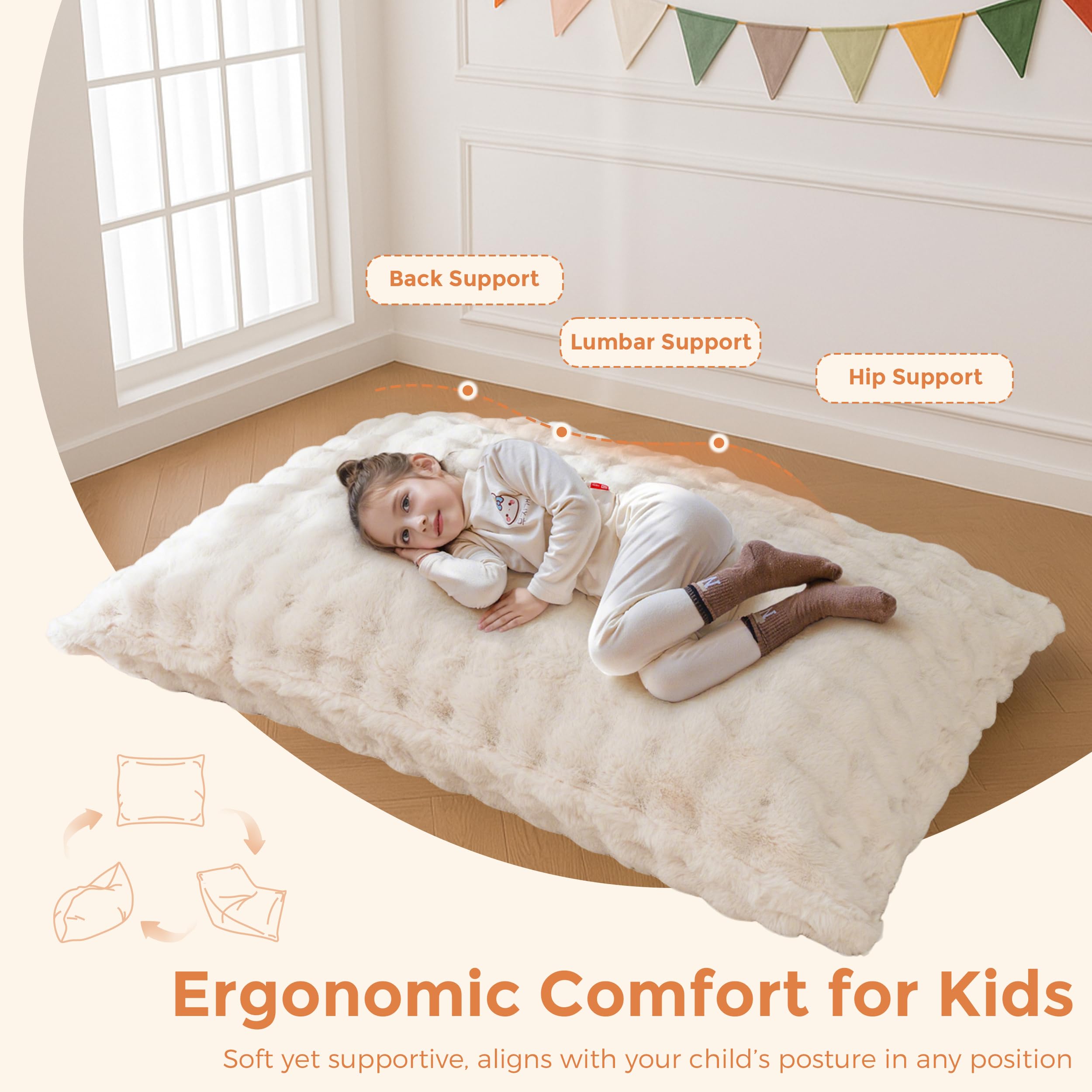 MAXYOYO 3 in 1 Kids Bean Bag Chair Bed, Child Floor Sofa for Gaming, Reading, Convertible Bean Bag Floor Cushion with Machine Washable Cover for Living Room Bedroom, Beige