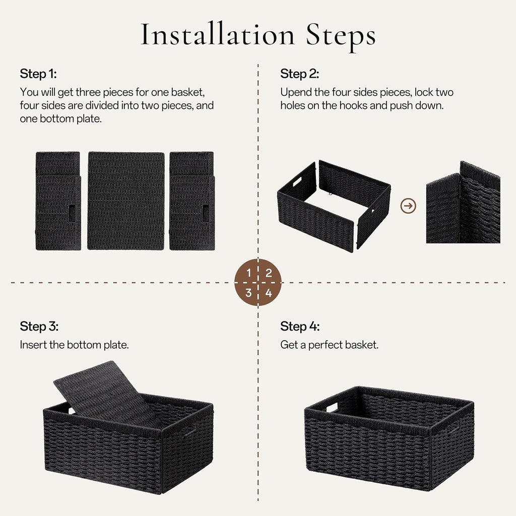 UBBCARE Wicker Storage Baskets - Foldable Rectangular Design with Handle | 2 Pack, Black, 13.4L x 8.3H x 7.1W Inches