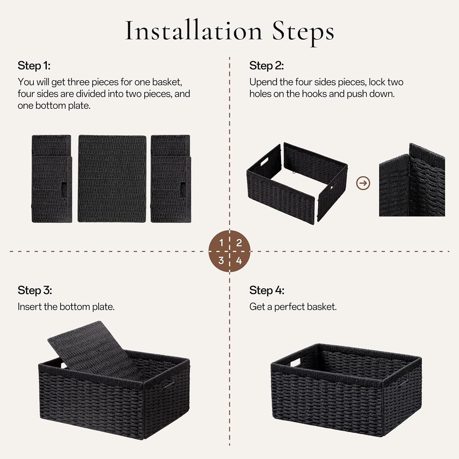 UBBCARE Wicker Storage Baskets - Foldable Rectangular Design with Handle | 2 Pack, Black, 13.4L x 8.3H x 7.1W Inches