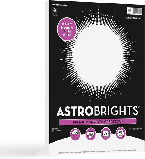 Astrobrights Bright White Cardstock - 8.5" x 11", 65 lb, 176 gsm, 75 Sheets | Perfect for Printing