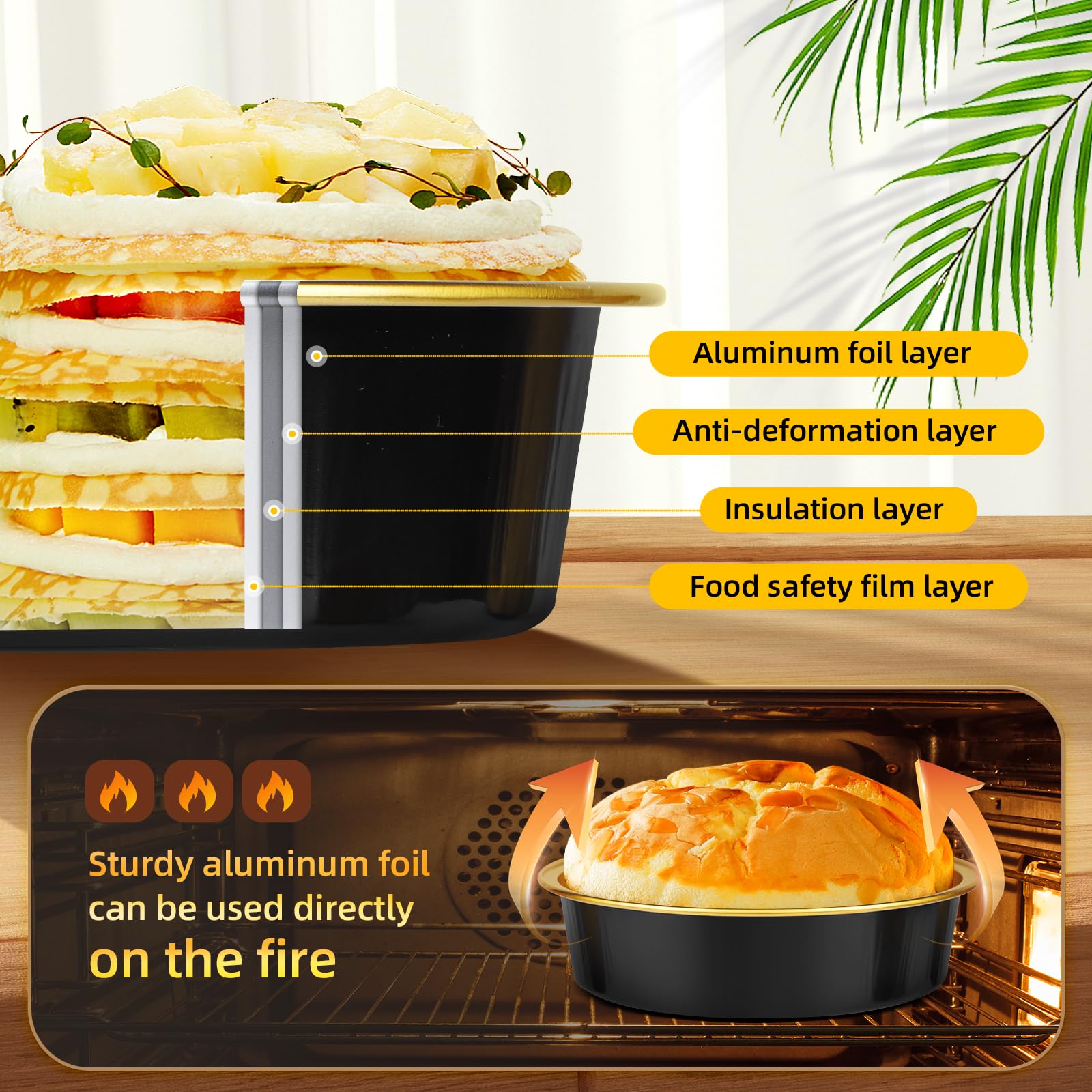 Beasea Disposable Creme Brulee Ramekins with Lids, 120 Pack 4 Inch 8oz Mini Pie Tins Black Gold Mini Small Aluminum Foil Pie Tart Cake Baking Pans Individual Round Containers Oven Safe for Baking