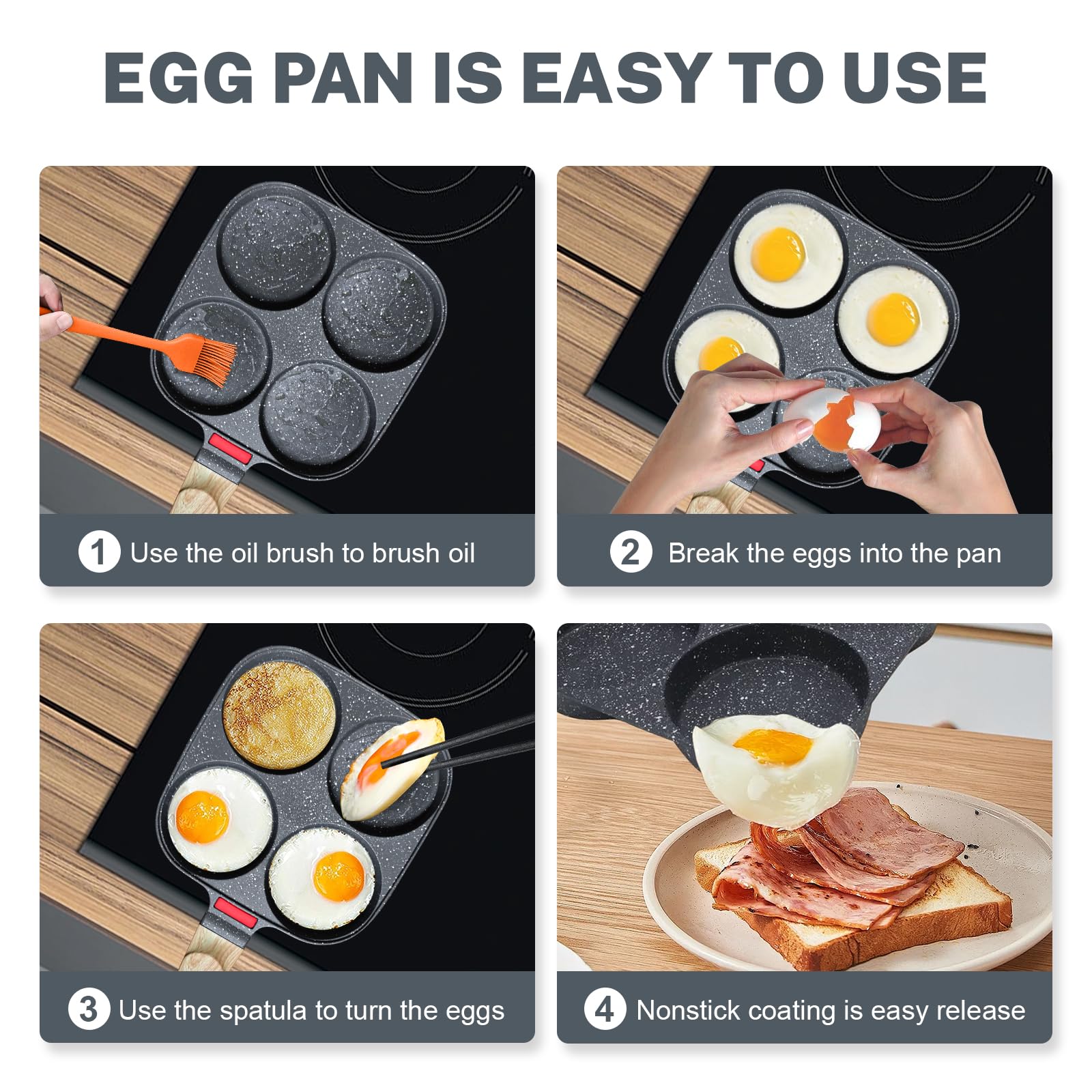 4‑Cup Nonstick Egg Pan Set with Lid – Aluminum Omelette Skillet for Breakfast, Includes Silicone Scraper, Oil Brush, Chopsticks & Cleaning Cloth – Compatible with Gas & Induction Cooktops (Black)