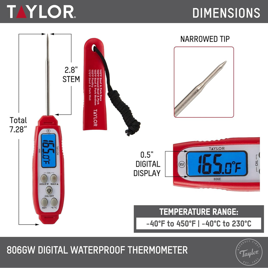 Taylor Digital Instant Read Meat Thermometer - Waterproof Kitchen Probe for Perfectly Cooked Chicken, Steak & BBQ | Fast Temperature Check, Blue Backlight Display, Red