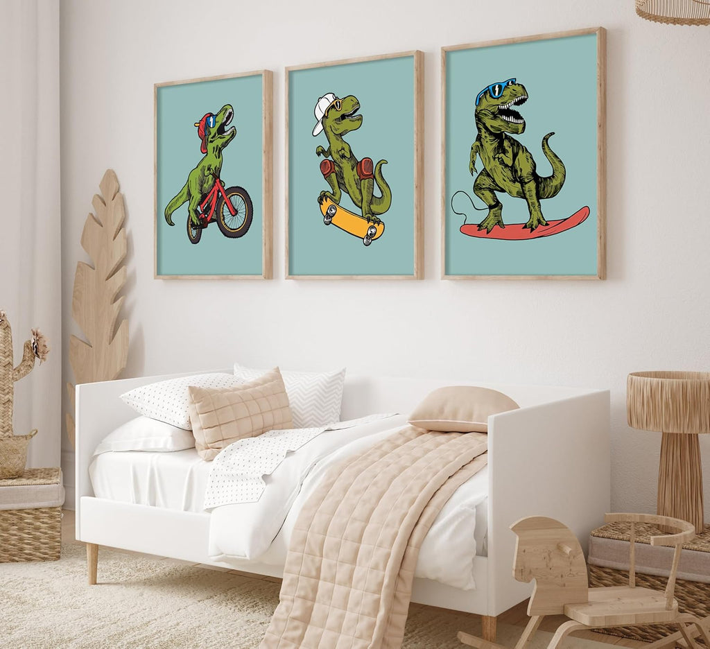 Skiennix 3pc Funny Dinosaur Nursery Canvas Wall Art - Surfing & Skateboarding Design for Boys' Room Decor
