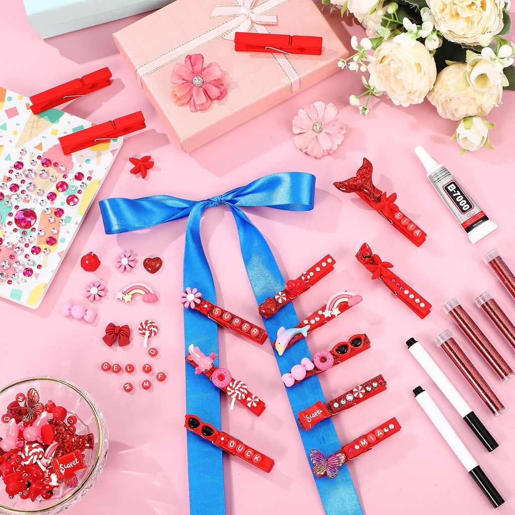 Youyole 50 Sets Cheer Pins Spirit Clips Include Wooden Clothes Pins Mini Resin Animals Bows Beads Letters Self Adhesive Stickers Pen for Cheerleaders Backpacks Christmas Gifts DIY Craft (Red)