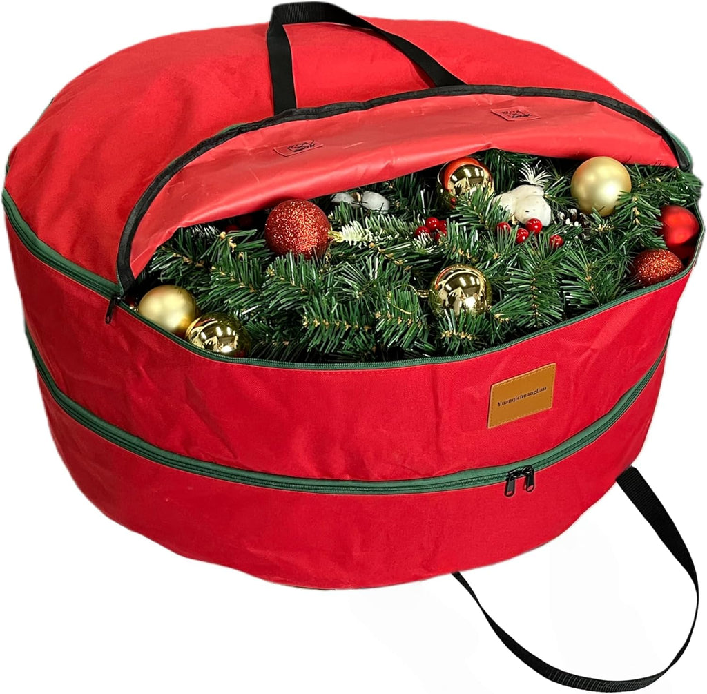 Skiennix Wreath Storage Container - Heavy Duty 600D Oxford Cloth, 30x12 Inch, Red Double Storage Bag for Christmas Wreaths