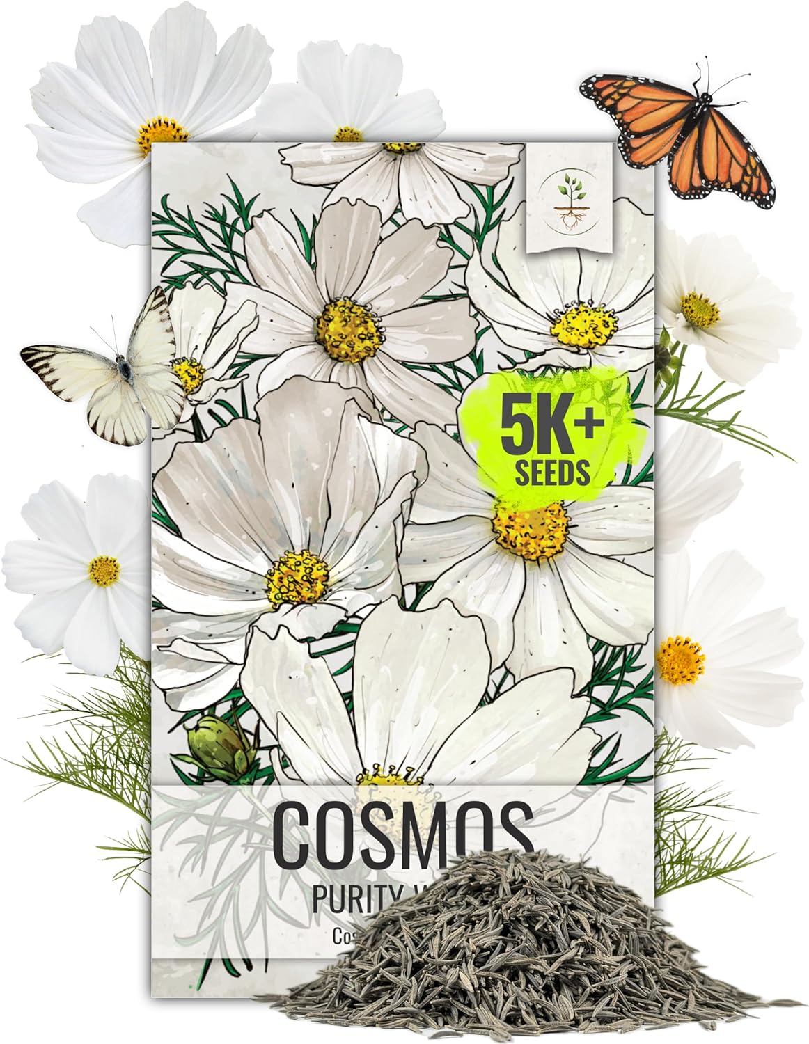 Seed Needs Cosmos Seeds - White Purity Variety Flowering Seeds | 5,000+ Heirloom Seeds for Large Blooms | Attract Butterflies & Pollinators