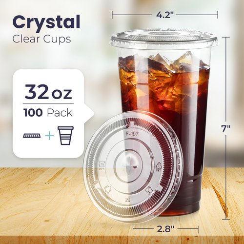 Fit Meal Prep 100 Pack 32 oz Clear Plastic Cups with Flat Lids, Disposable Iced Coffee Cups, BPA Free Premium Crystal Smoothie Cup for Party, Lemonade Stand, Cold Drinks, Juice, Milkshake