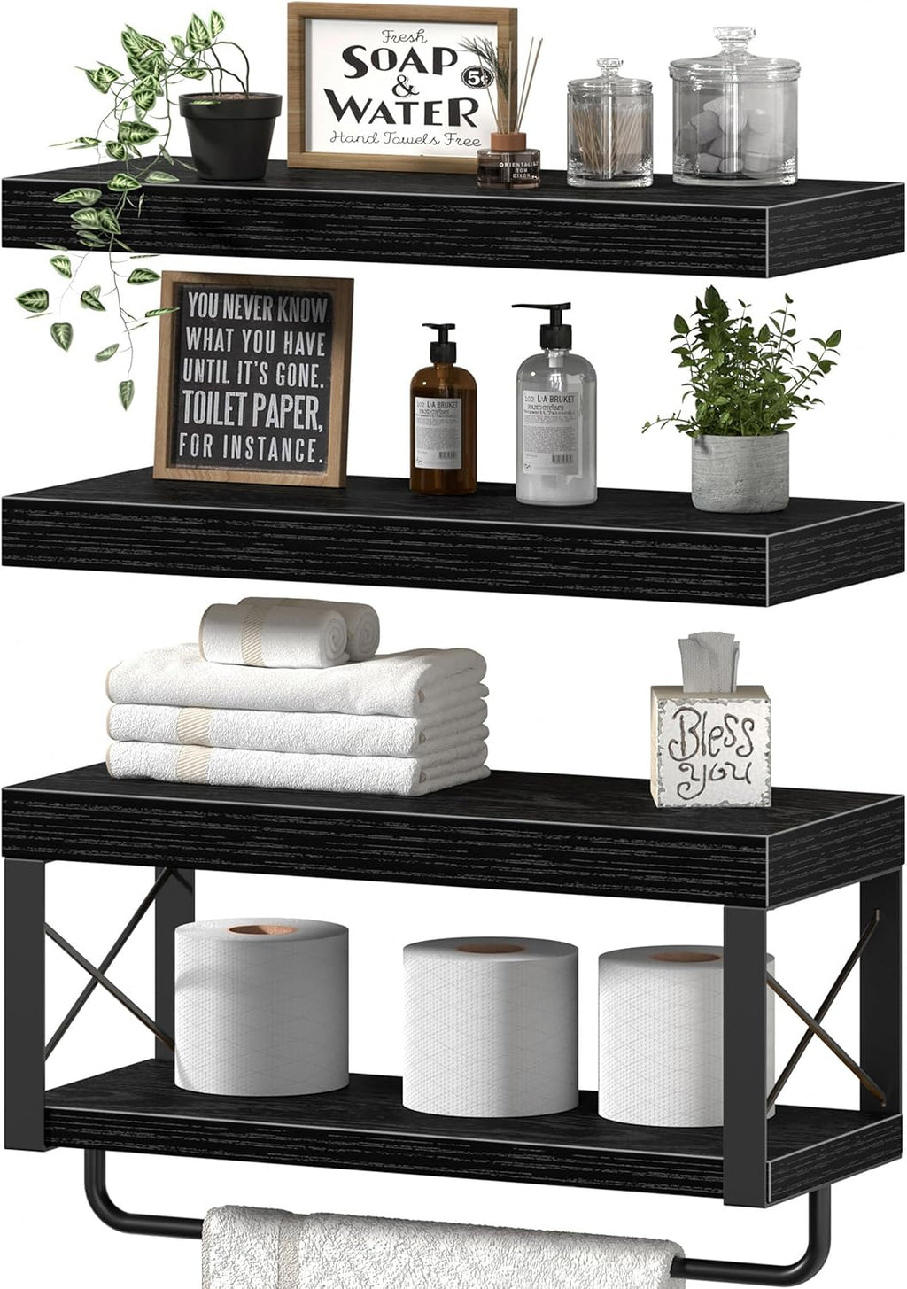 QEEIG Bathroom Shelves - Over Toilet Floating Shelf for Toilet Paper Storage | Set of 3, Black, 16 Inch