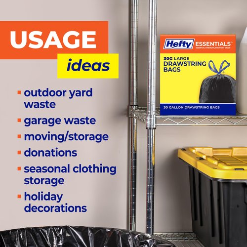 Hefty Essentials Drawstring 30 Gallon Trash Bags, 56 Count, Bulk Black Garbage Bags for Garages, Parties, Large Trash Items, and More, Scent Free, Black