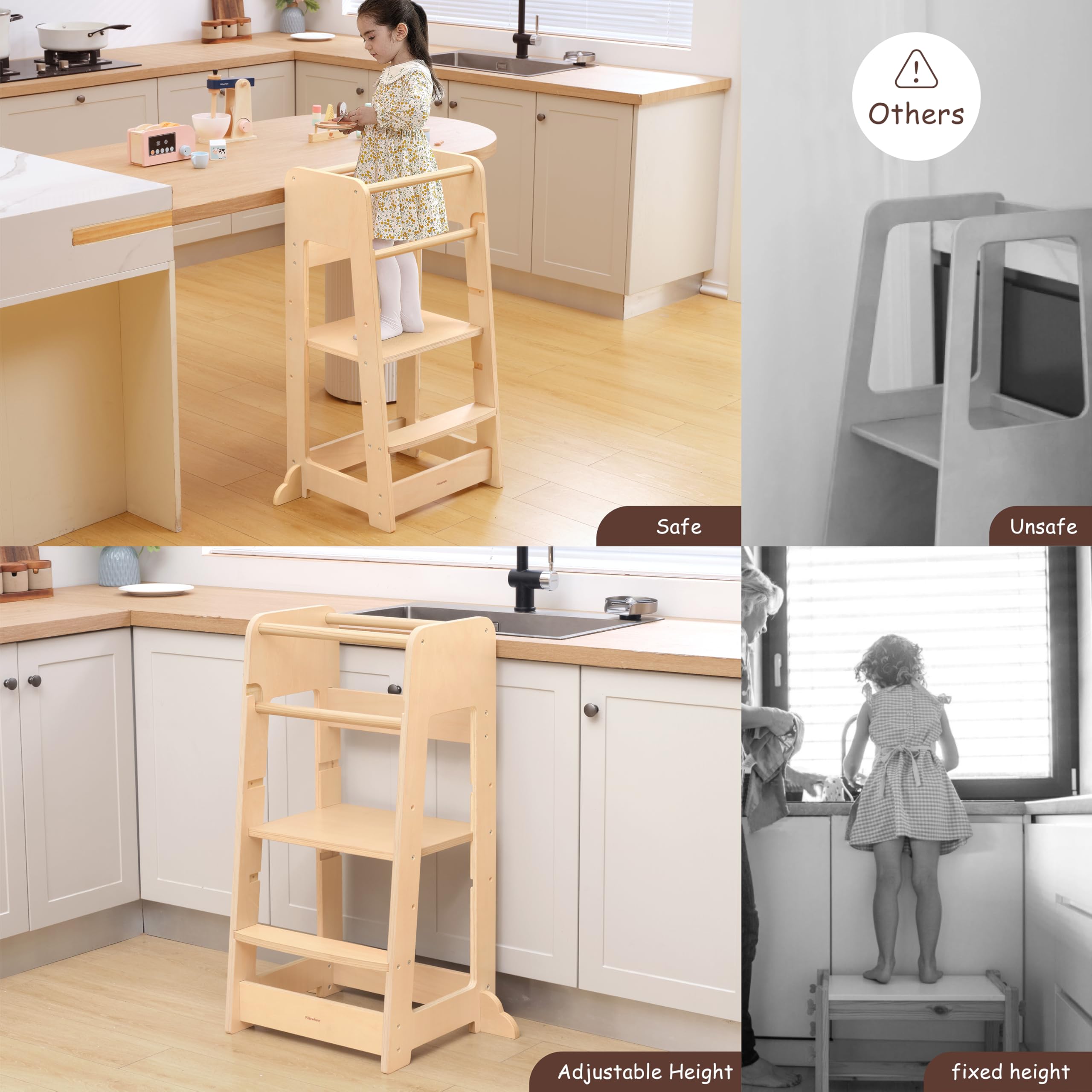 Pillowhale Standing Tower for Toddlers- Adjustable Height with 360° Safety Rail, Kids Step Stool with Safety Rail, Wooden Step Stool, Age 18 Months-6years