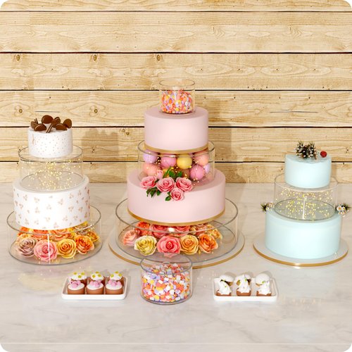 NPPLUS 3PCS Clear Acrylic Cake Stand, Fillable Cake Box Riser Cake Tier, Round Cake Display Box with Lid, Decorative Centerpiece Box for Wedding Birthday Party (14" Dx4 H,10" Dx4 H,6" Dx4 H)