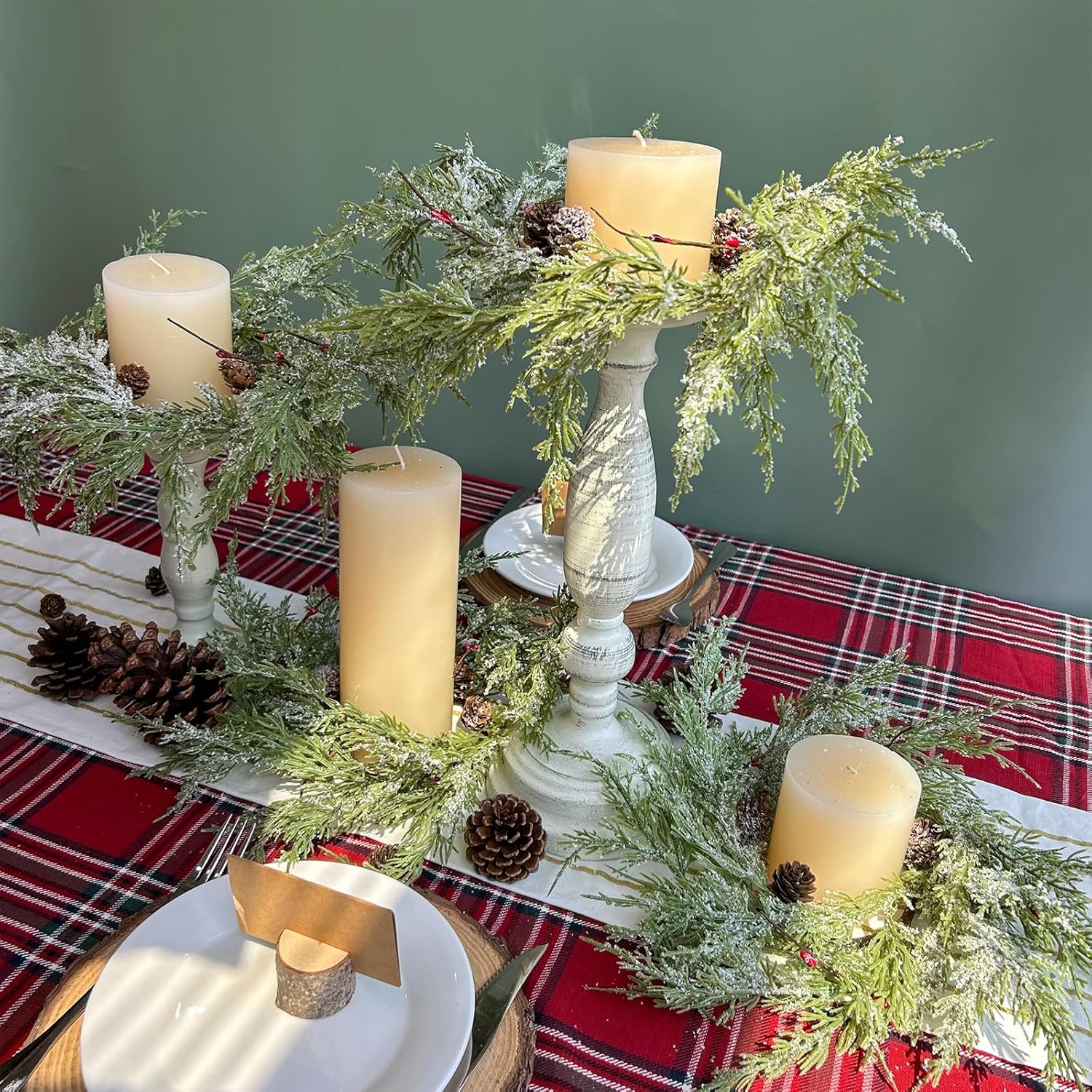 Winlyn Artificial Snowy Cedar Pine Candle Rings - 4 Pcs Mini Winter Wreaths with Pine Cones & Red Berries | 15.7" Wide for Festive Holiday Décor
