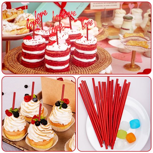 Jeffbaubl 100 Pack Red Paper Straws,Biodegradable Red Straws,Cake Pop Sticks,Disposable Paper Drinking Red Straw,Foil Paper Straws for Birthday Wedding Party Supplies Decorations