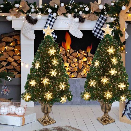 Juegoal Pre-Lit Artificial Christmas Trees - 3 FT Lighted Green Fiber Optic Entrance Trees with Gold Urn Base & 8 Lighting Modes