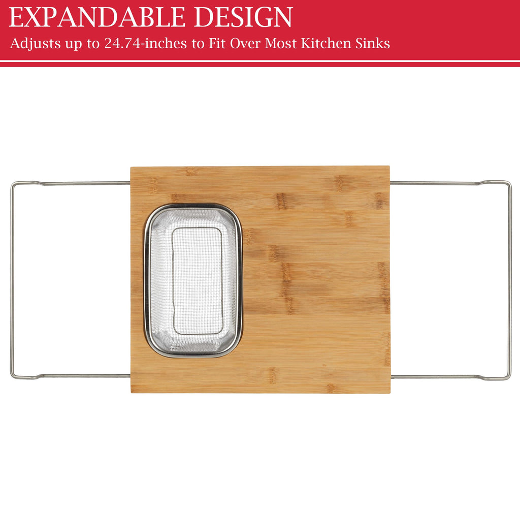 Cutting Board with Strainer - 2 in 1 Adjustable Bamboo Chopping Board with Removable Stainless Steel Colander for Over the Sink by Classic Cuisine