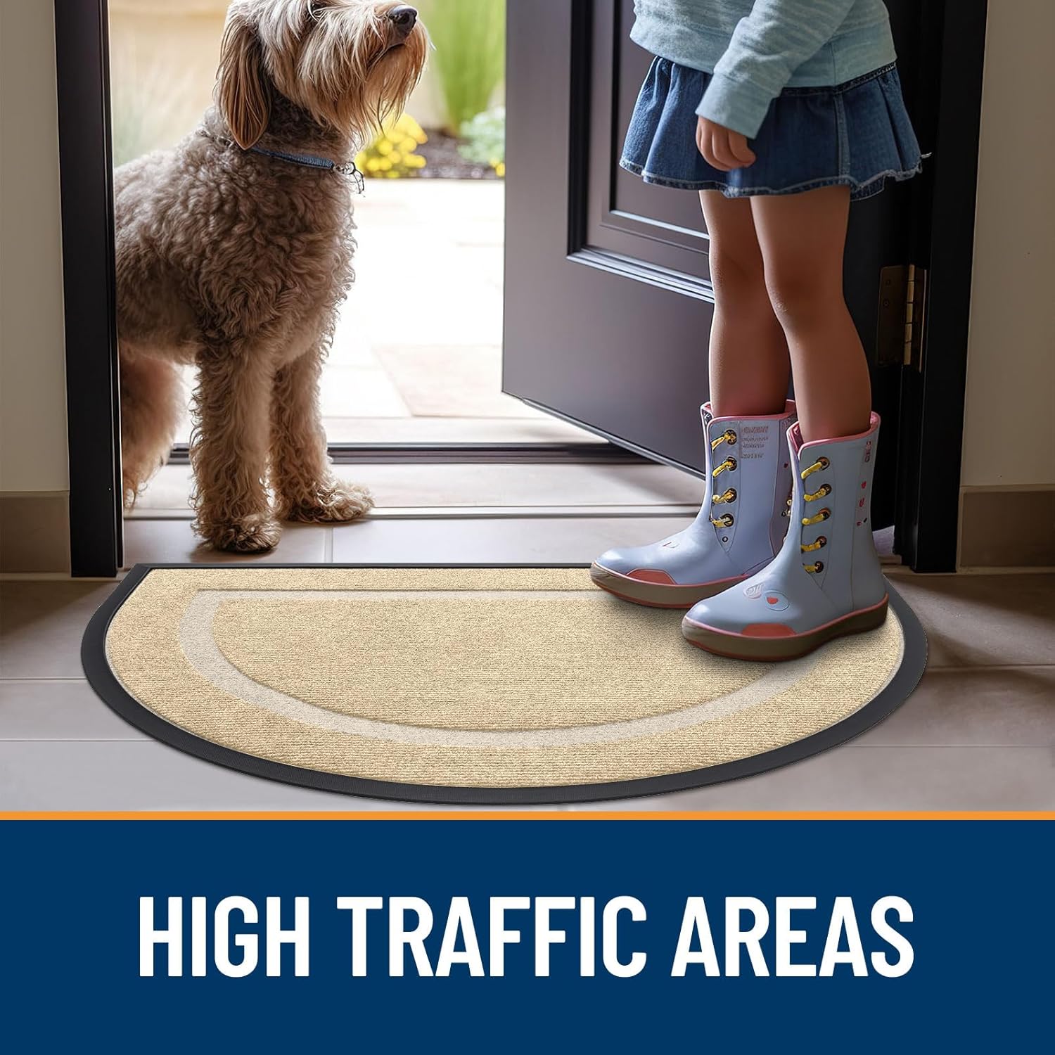 OLANLY Half Circle Door Mat - Waterproof All-Season Indoor/Outdoor Welcome Mat | Sturdy Natural Rubber, 36x24, Beige