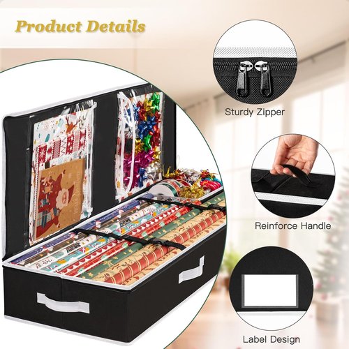 Criusia Gift Wrapping Paper Organizer - Durable Underbed Storage for 24 Rolls | Removable Dividers & Pockets, Black