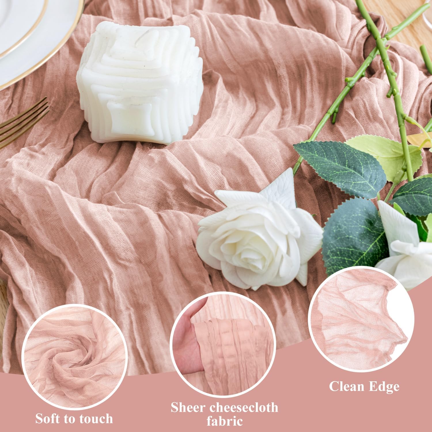 Wokceer Dusty Pink Cheesecloth Table Runner - 10FT Boho Gauze for Easter & Bridal Shower Decor | 120 Inches Long