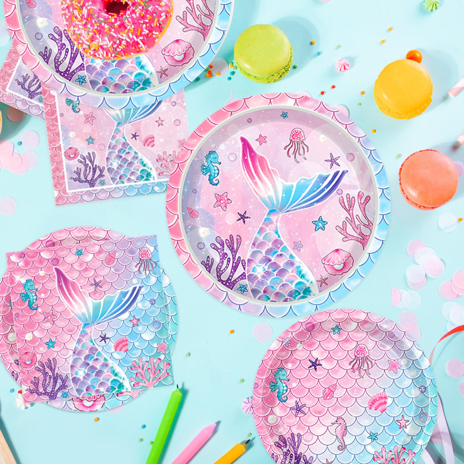 QIYANPAX Mermaid Birthday Decorations Supplies Plates, Napkins, Cups, Cutlery, Banner, Hanging Swirls, Cake & Cupcake Toppers, Balloons, Tablecloth for Mermaid Party Decorations, Serves 20