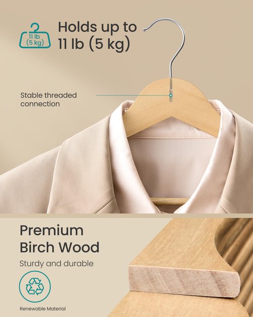 SONGMICS Wooden Hangers, Pack of 30, Coat Hangers, Pants Bar, 360° Swivel Hooks, Solid Birch Wood, Space Saving, for Jackets, Shirts, Coats, Natural Beige UCRW030K01