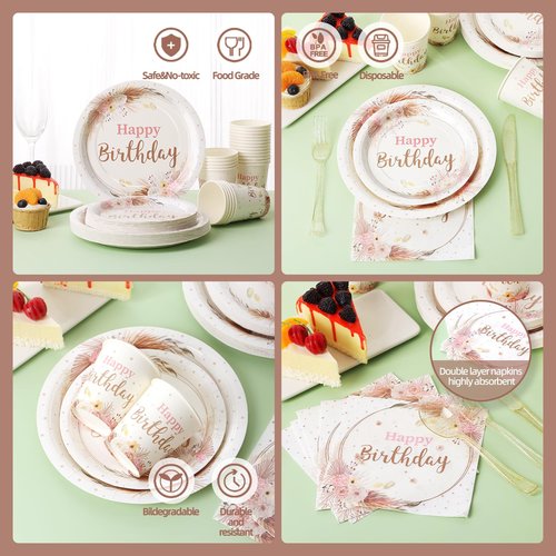 Gudvilla Boho Birthday Decorations for Women, Neutral Birthday Plates and Napkins Party Supplies 168Pcs, Happy Birthday Plates and Napkins Set for Boho Floral Champagne Cream Beige Party, Serve 24