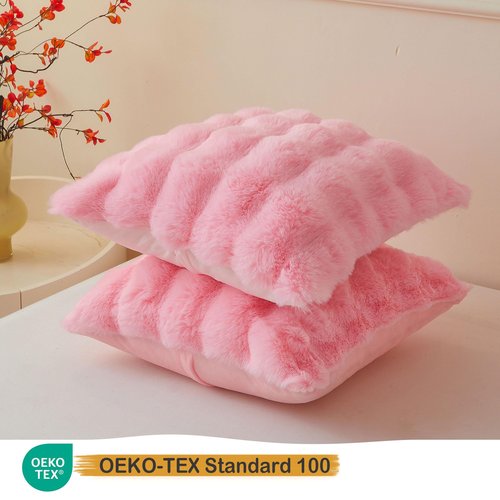LIFEREVO Pack of 2 Fluffy Faux Rabbit Fur Throw Pillow Covers, Cute Plush Shaggy 18x18 Bubble Waffle Cushion Covers Zipper Closure, Home Decorative Furry Fuzzy Pillow Shams for Kids Girls Adults, Pink