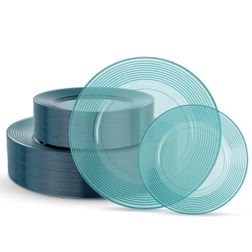FLOWERCAT 100PCS Clear Blue Plastic Plates - Heavy Duty Plastic Plates Disposable -Straw hat plate for Birthday party &Wedding - Serve for 50Guests party(10inch & 7inch)(Mediterranean Blue)