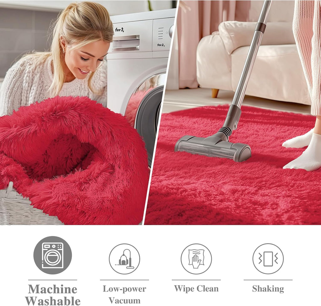 OLANLY Red Round Area Rug - Soft, Fluffy, Machine Washable 6 ft Circle Carpet for Bedroom & Living Room Decor