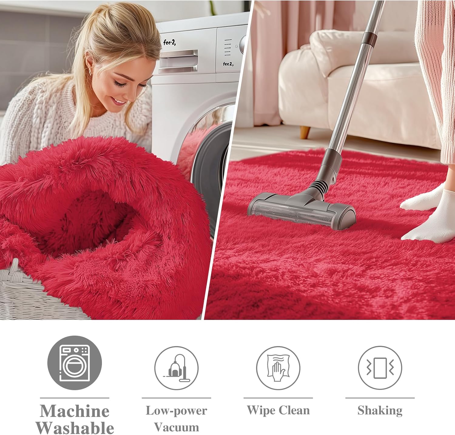 OLANLY Red Round Area Rug - Soft, Fluffy, Machine Washable 6 ft Circle Carpet for Bedroom & Living Room Decor