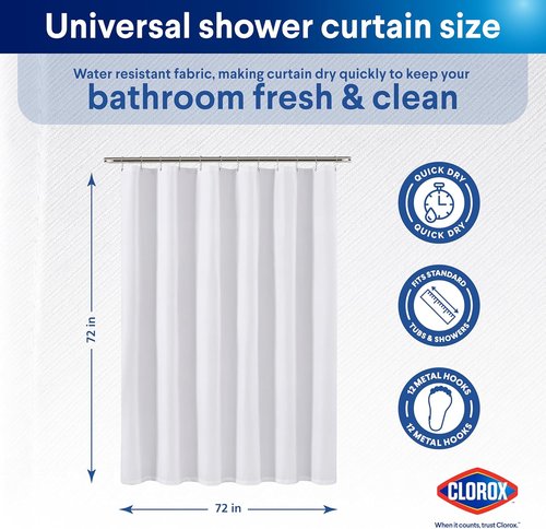 Clorox 2-in-1 Bathroom Shower Curtain Liner - Durable Fabric, Weighted Magnets, 72" x 72", White