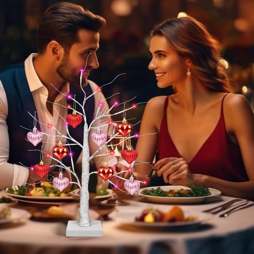 Valentines Day Decor 2 Pack 24 Inch Lighted Valentines Decorations Tree with 20 Heart Ornament, Timer/USB/Battery Operated Valentines Decor Tree Valentines Day Decorations for Home Table Bedroom Party