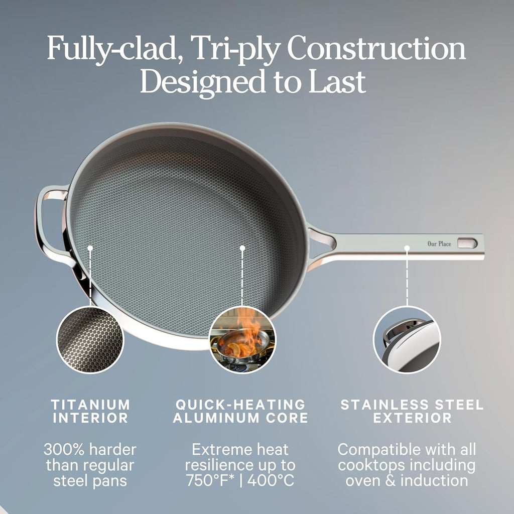 Our Place Mini Titanium Always Pan Pro - 8.5" PFAS-Free Nonstick Frying Pan with Spatula | Chef-Grade Tri-Ply Stainless Steel & Aluminum | Induction & Oven-Safe up to 750°F | Gold