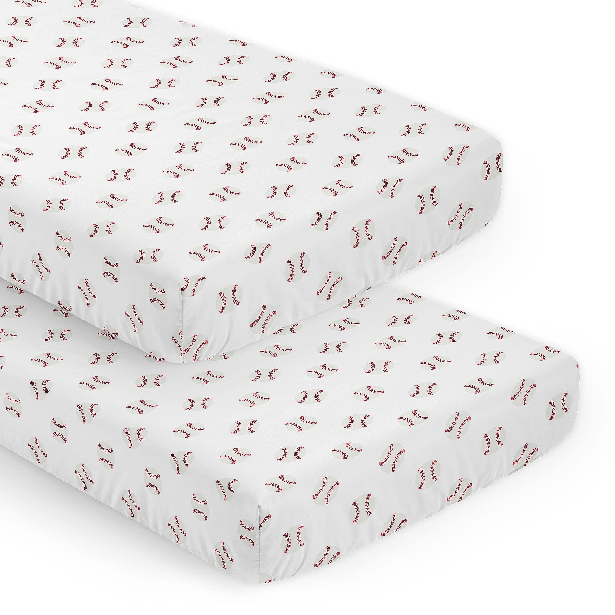 Sweet Jojo Designs 2-Piece Baby Crib Sheets Set (Red and White Baseballs) for Boys, Infant Nursery, Toddler Room - Fitted, Standard Size (Sport, Americana, Classic, Athlete, Sports Theme, Base Ball)
