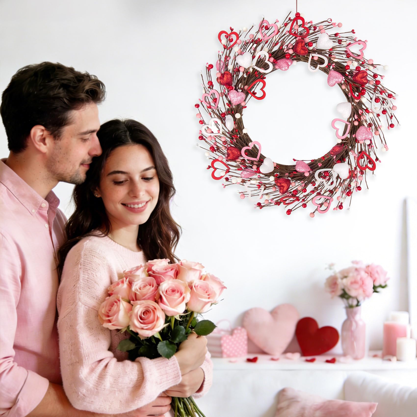 Ouddy Decor 20'' Valentine's Wreath for Front Door with Artificial Red Pink White Wooden Heart Shaped Berries for Valentines Gifts Romantic Night Event Anniversary Wedding Engagement Home Decorations