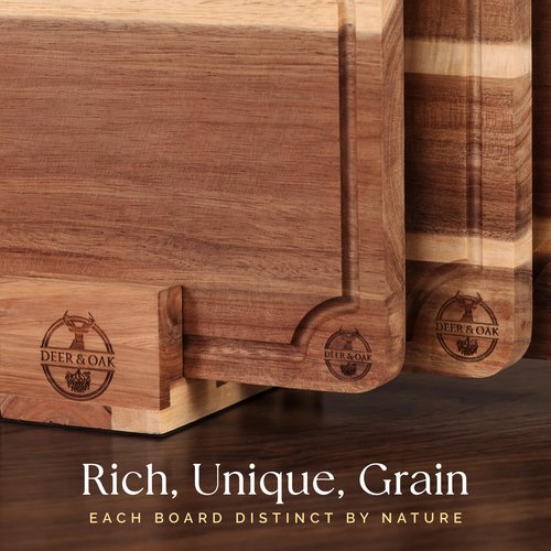 Pre-Oiled, Non Toxic 3-Piece Acacia Cutting Board Set with Stand, FSC Certified Wooden Chopping Boards, Includes 100ml Chopping Board Oil, 3 Size Wood Carving Boards for Home, BBQ Kitchens, Deer & Oak