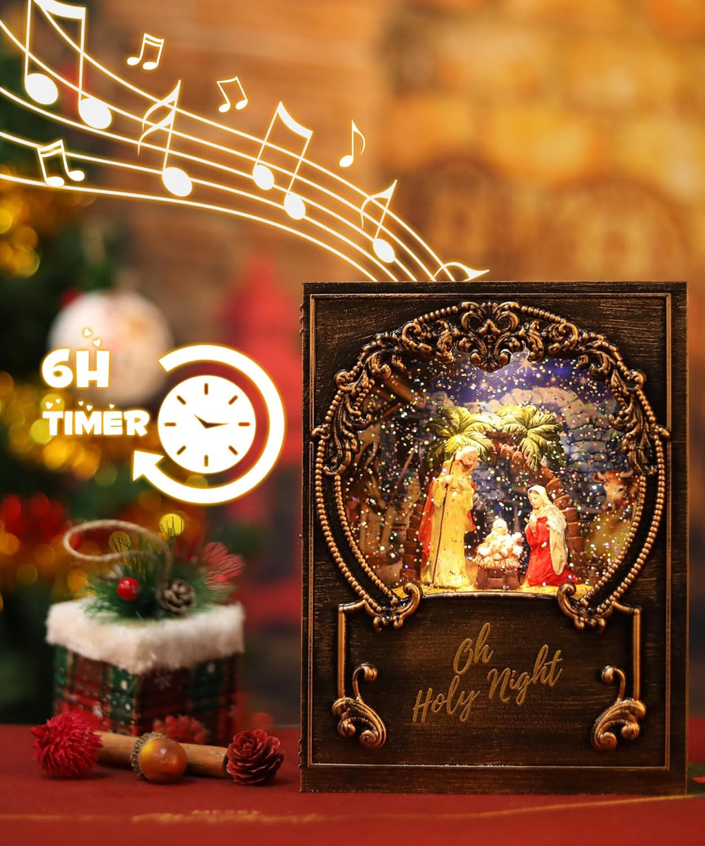 Regine Switzerland Christmas Snow Globe - Nativity Scene with Music & Timer | USB & Battery Operated Decor