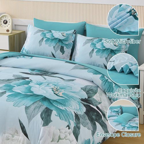 Dobuyly Floral Comforter Set Queen Size 7 Piece Bed in a Bag, Aqua Flowers Printed on Light Blue Comforter Set with Sheets, Soft Polyester Botanical Complete Bedding Set for All Season