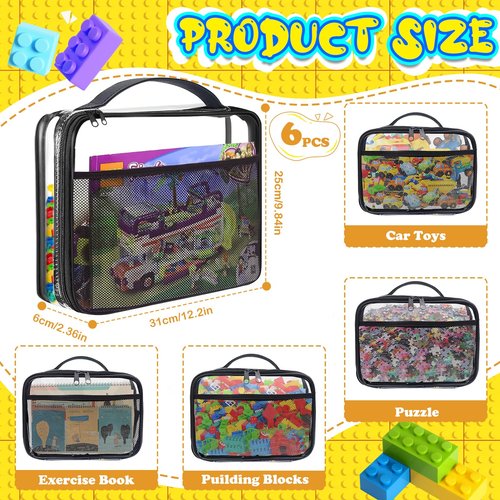 6 Pack Storage Bags with Zipper,12.2 * 9.84 * 2.36in Organizer Bags with Mesh Pockets Name Tag,Waterproof Travel Bags for Board Games,Building Blocks,Puzzles
