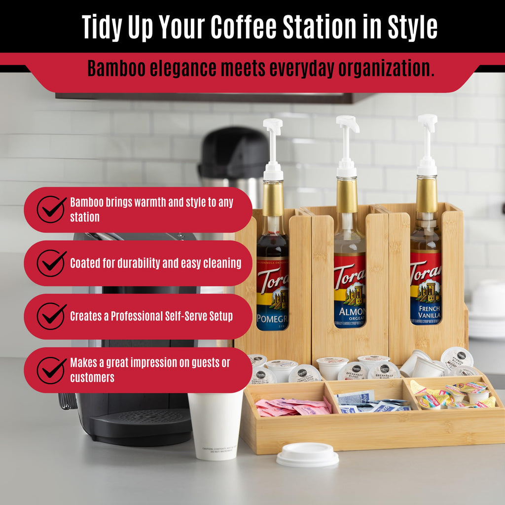 TableCraft 12689 Coffee Condiment Organizer, 9 Compartments with 3 Removable Cup/Lid Holders, Bamboo Wood, Ideal for Cafes, Breakfast Buffets, and Restaurants