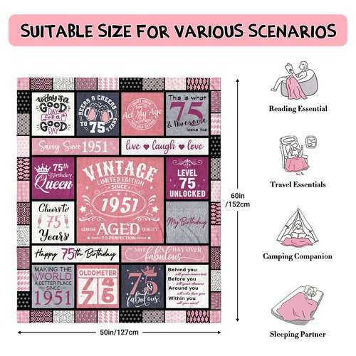 Sunhygge 75th Birthday Gifts for Women Blanket 60"x 50", Gifts for 75 Year Old Woman, 75 Year Old/1951 Birthday Gifts for Women, 75th Birthday Gift Ideas for Mom/Female