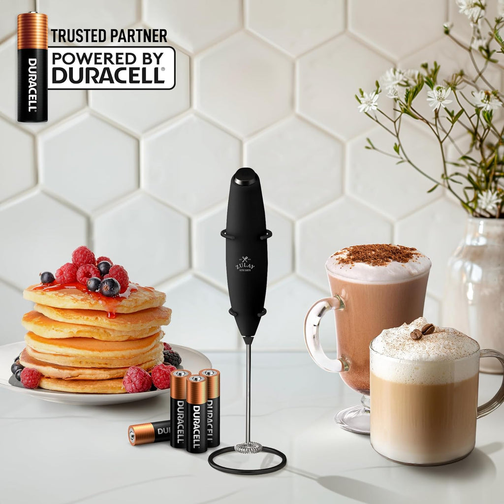 Zulay Kitchen Milk Frother Wand - Ultra-Fast Handheld Electric Whisk for Coffee & Lattes - Executive Black with 4 AA Batteries